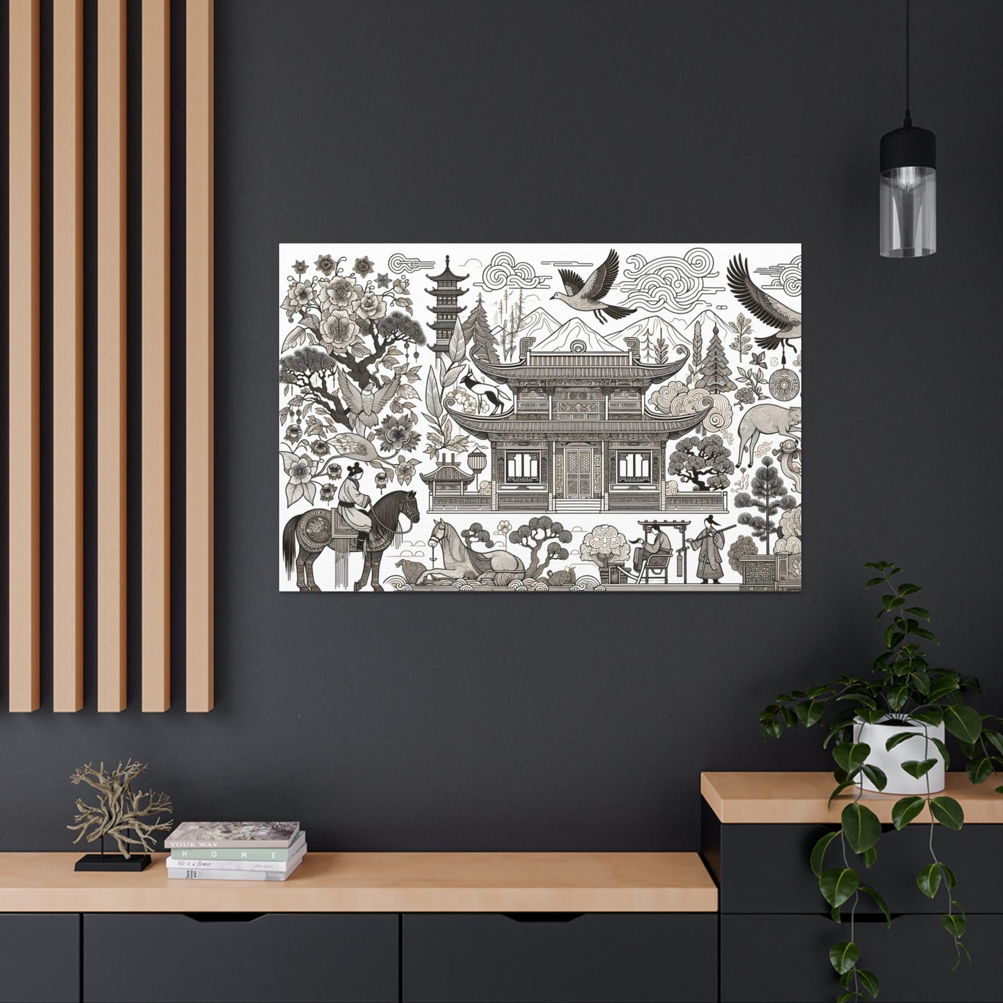 Enchanted Eastern Panorama: Vintage-Inspired Mythical Art Print - Chinese Folk Art