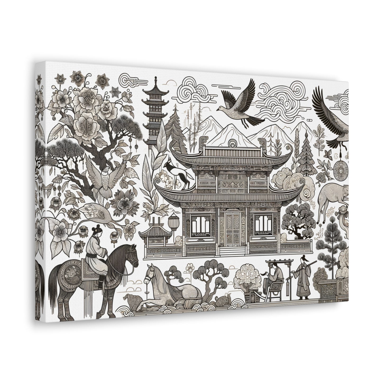 Enchanted Eastern Panorama: Vintage-Inspired Mythical Art Print - Chinese Folk Art