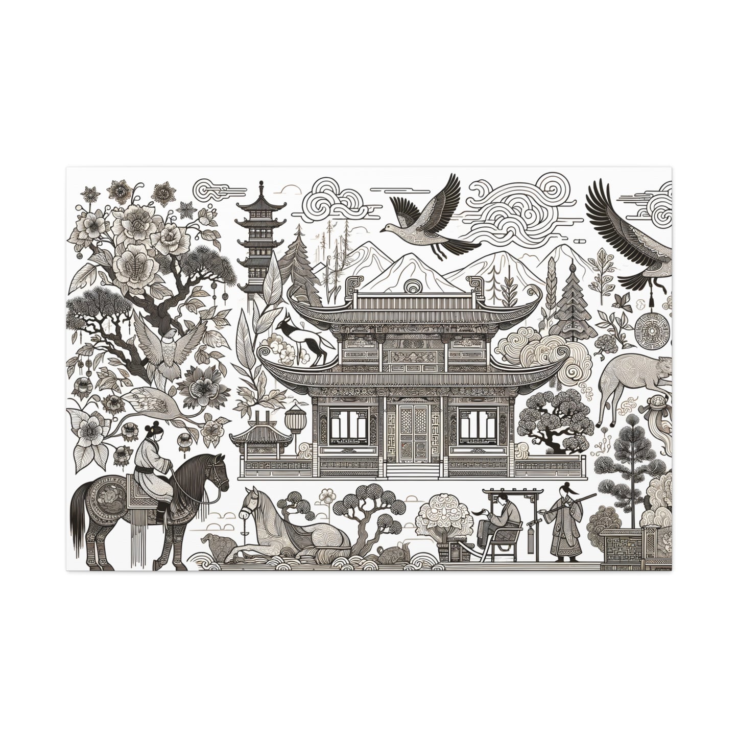 Enchanted Eastern Panorama: Vintage-Inspired Mythical Art Print - Chinese Folk Art