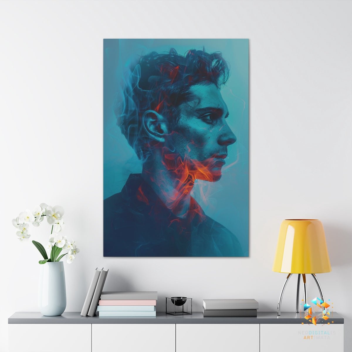 Blue Ember Echoes - Original Neumorphism Style Portrait Wall Art - NeoDIGITALis ARTimata