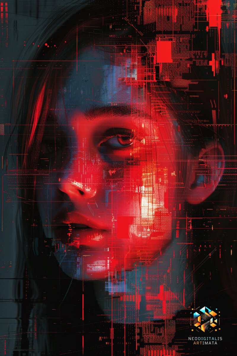 Crimson Circuitry Echo - Original Glitch Style Portrait Wall Art - NeoDIGITALis ARTimata