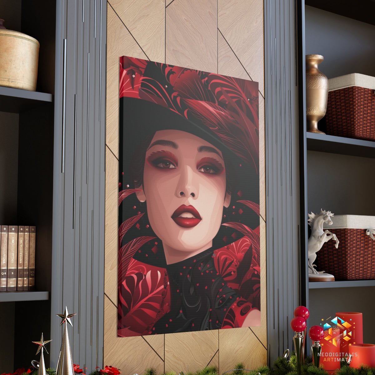 Crimson Elegance Portrait - Original Art Deco Style Portrait Wall Art - NeoDIGITALis ARTimata