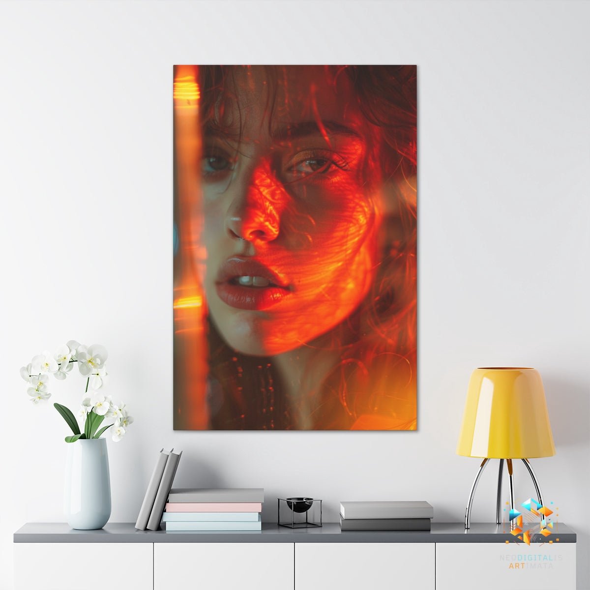 Crimson Gaze Echoes - Original Vorticism Style Portrait Wall Art - NeoDIGITALis ARTimata