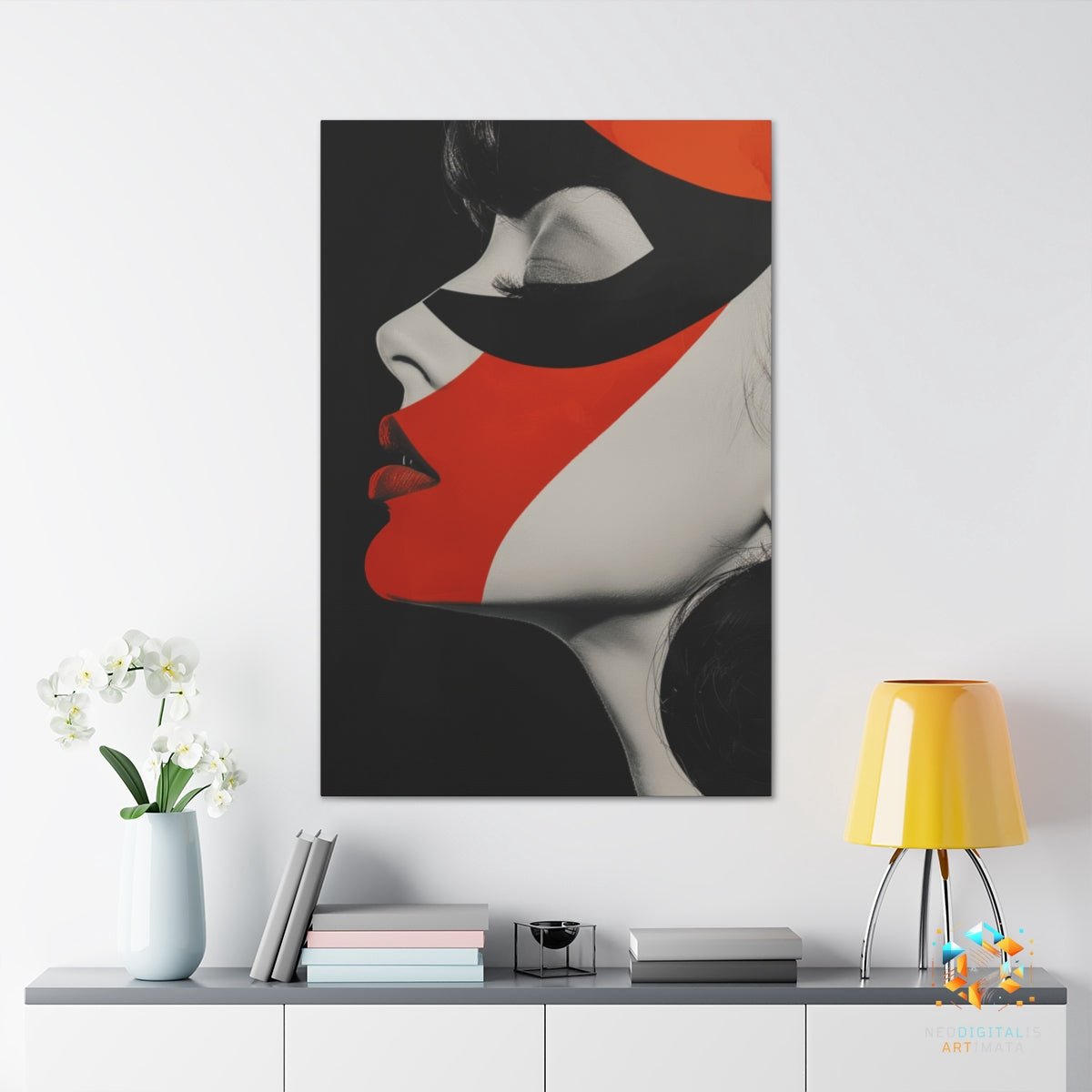 Crimson Mystique Portrait - Original Bauhaus Style Portrait Wall Art - NeoDIGITALis ARTimata