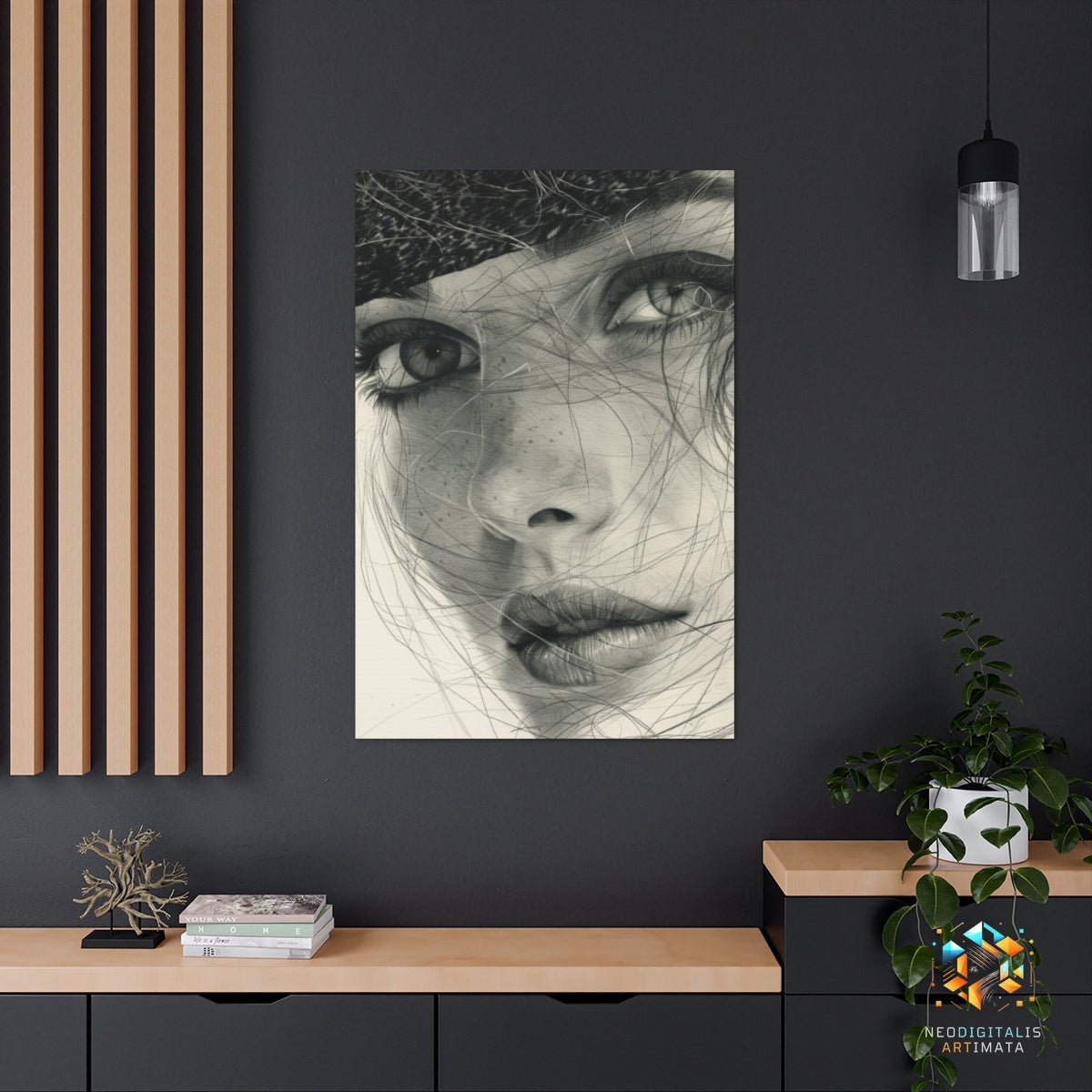 Elegant Gaze Embrace - Original Hatching Style Portrait Wall Art - NeoDIGITALis ARTimata