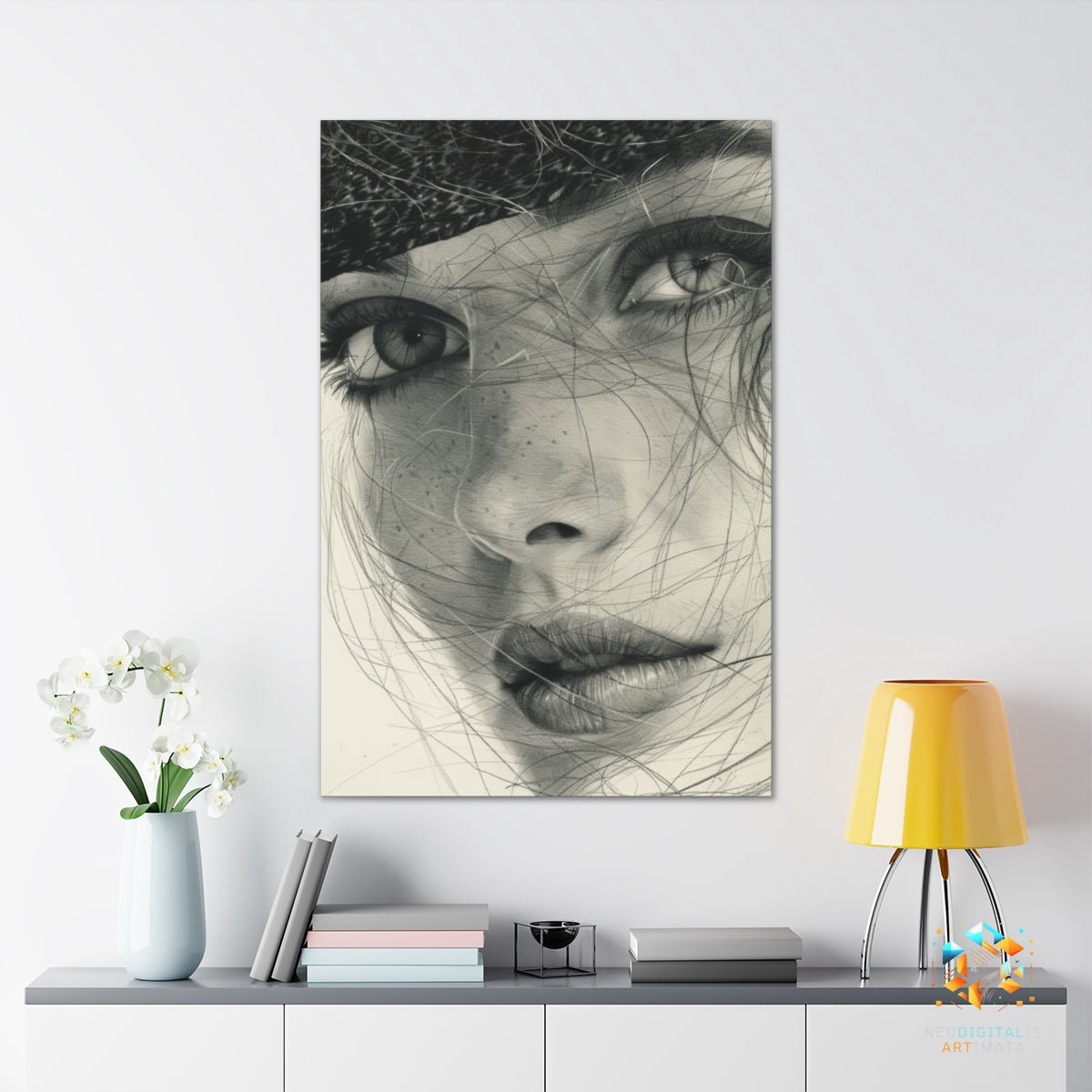 Elegant Gaze Embrace - Original Hatching Style Portrait Wall Art - NeoDIGITALis ARTimata