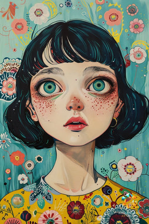 Enchanted Bloom Stare - Original Pop Surrealism Style Portrait Wall Art