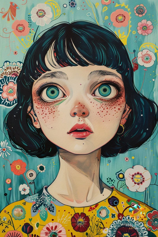 Enchanted Bloom Stare - Original Pop Surrealism Style Portrait Wall Art - NeoDIGITALis ARTimata