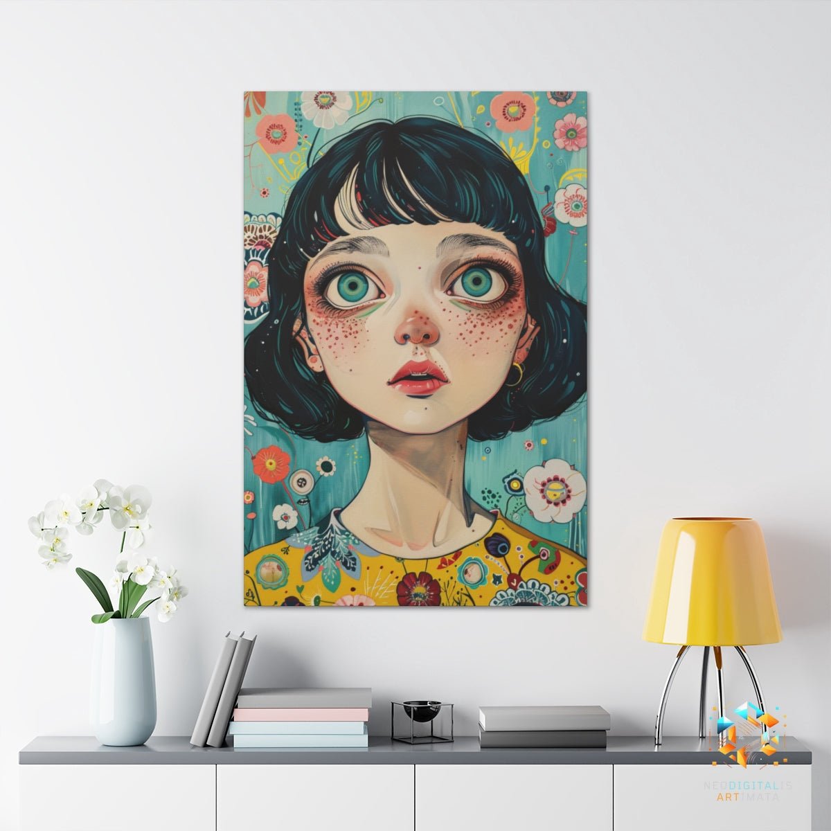 Enchanted Bloom Stare - Original Pop Surrealism Style Portrait Wall Art - NeoDIGITALis ARTimata