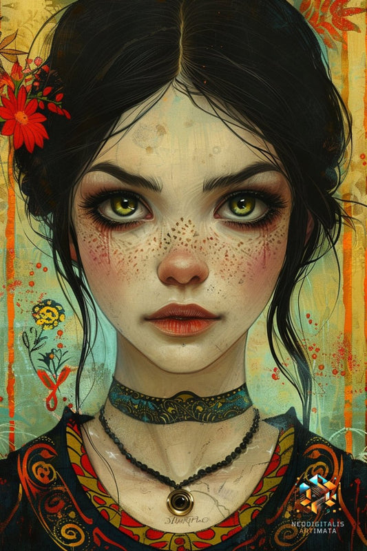 Enchanted Glance Florals - Original Pop Surrealism Style Portrait Wall Art - NeoDIGITALis ARTimata