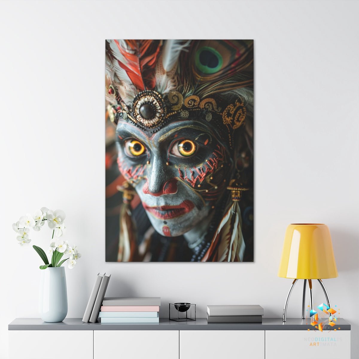 Feathered Spirit Echoes - Original Wayang Style Portrait Wall Art - NeoDIGITALis ARTimata