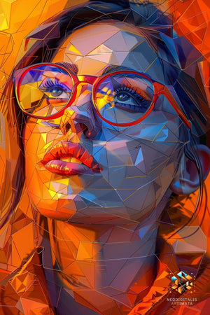 Fiery Geometric Glance - Original Low Poly Style Portrait Wall Art