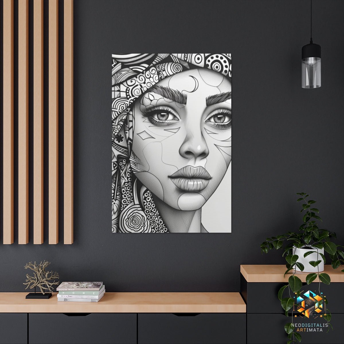 Moonlit Enigma Art - Original Zentangle Style Portrait Wall Art - NeoDIGITALis ARTimata