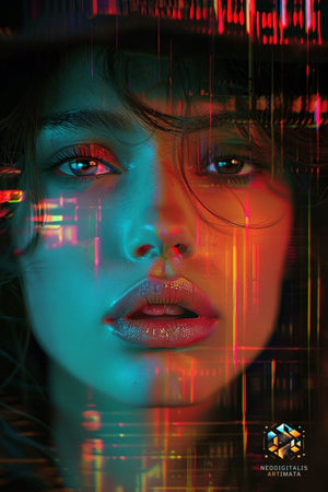 Neon Dream Streaks - Original Glitch Style Portrait Wall Art