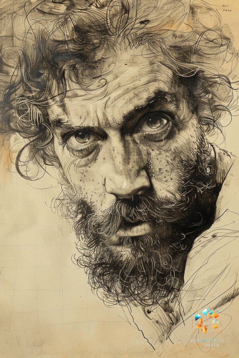 Rugged Sepia Stare - Original Etching Style Portrait Wall Art - NeoDIGITALis ARTimata