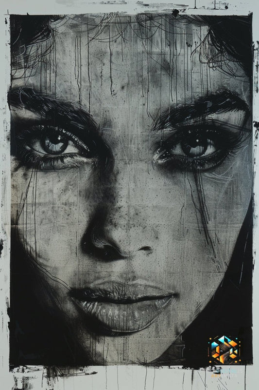 Weathered Soul Gaze - Original Etching Style Portrait Wall Art - NeoDIGITALis ARTimata