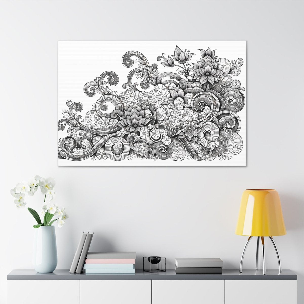 Elegant Whorls & Blooms Monochrome Ink Illustration - Chinese Folk Art - Neodigitalis Artimata