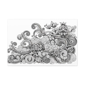 Elegant Whorls & Blooms Monochrome Ink Illustration - Chinese Folk Art