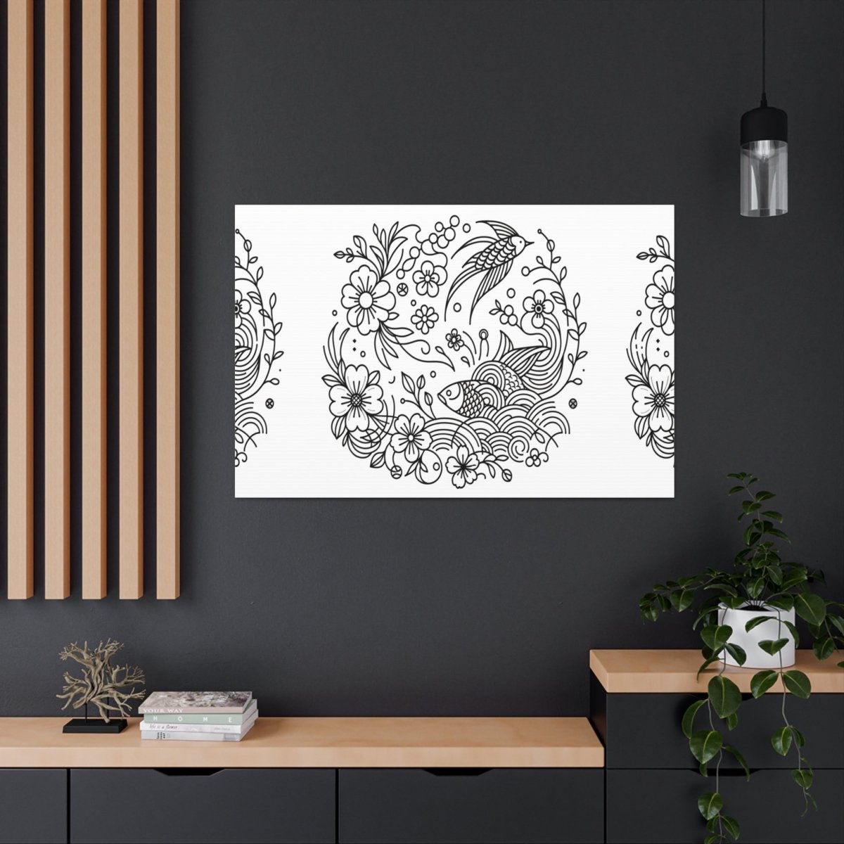 Enchanted Garden Koi and Bird Harmony Line Art Canvas - Chinese Folk Art - Neodigitalis Artimata