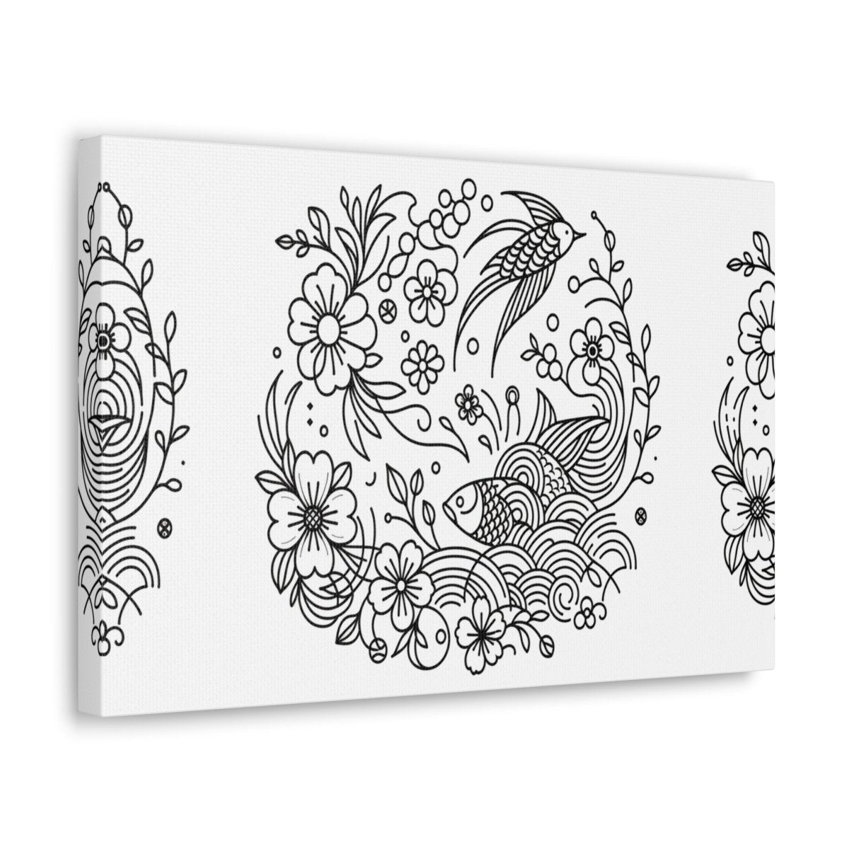 Enchanted Garden Koi and Bird Harmony Line Art Canvas - Chinese Folk Art - Neodigitalis Artimata