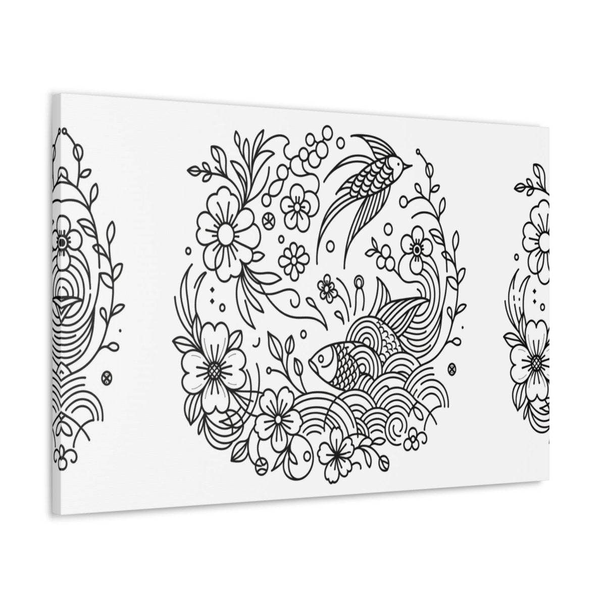 Enchanted Garden Koi and Bird Harmony Line Art Canvas - Chinese Folk Art - Neodigitalis Artimata