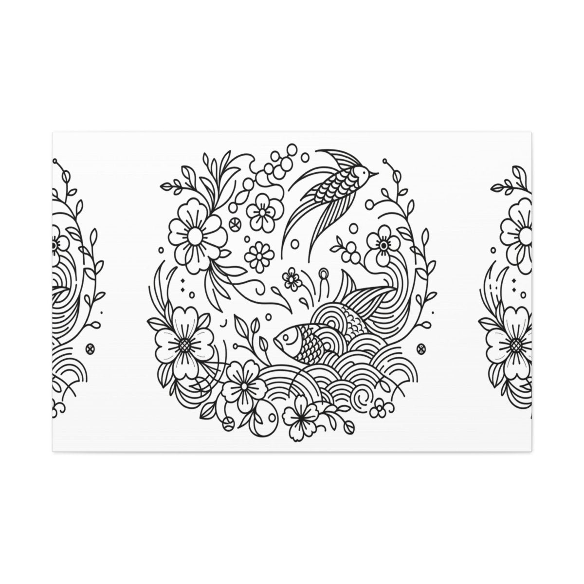 Enchanted Garden Koi and Bird Harmony Line Art Canvas - Chinese Folk Art - Neodigitalis Artimata