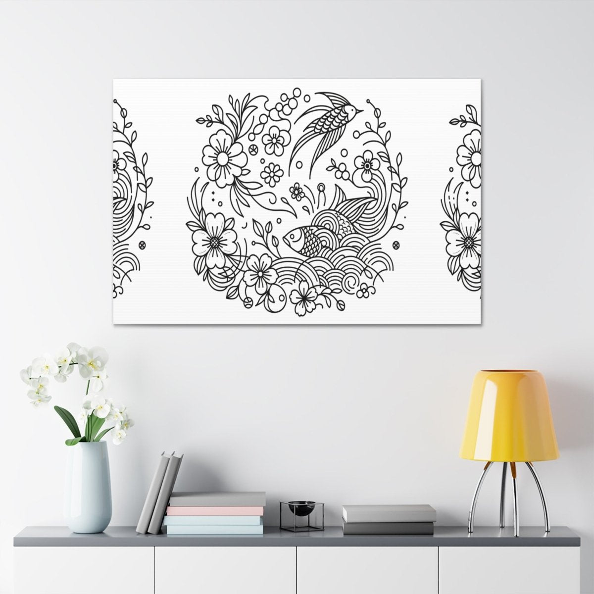 Enchanted Garden Koi and Bird Harmony Line Art Canvas - Chinese Folk Art - Neodigitalis Artimata