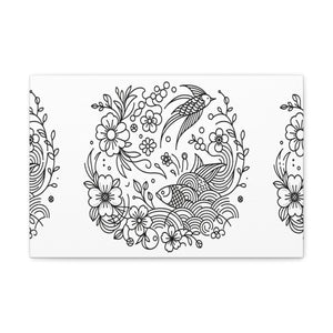 Enchanted Garden Koi and Bird Harmony Line Art Canvas - Chinese Folk Art