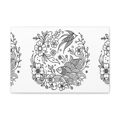 Enchanted Garden Koi and Bird Harmony Line Art Canvas - Chinese Folk Art - Neodigitalis Artimata