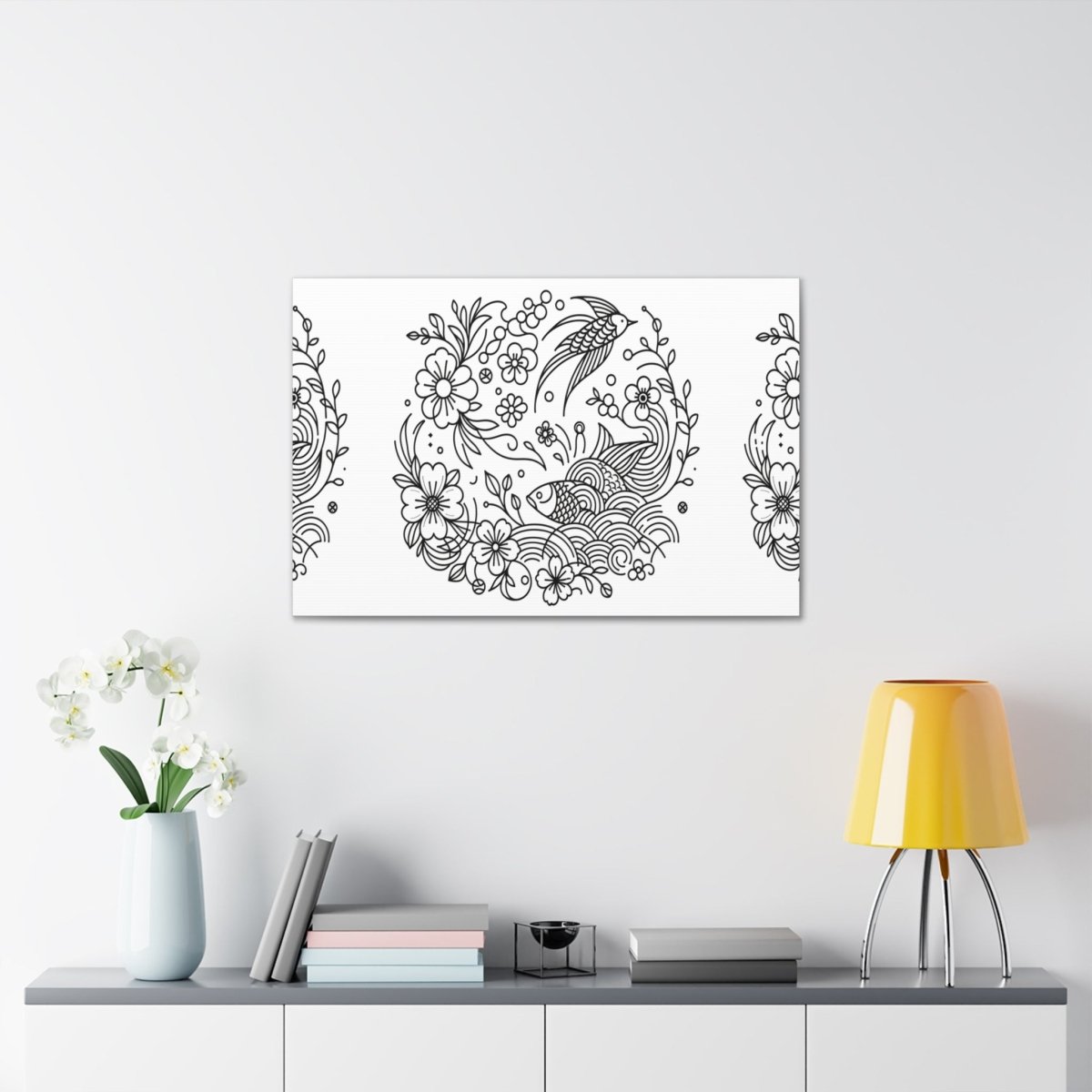 Enchanted Garden Koi and Bird Harmony Line Art Canvas - Chinese Folk Art - Neodigitalis Artimata