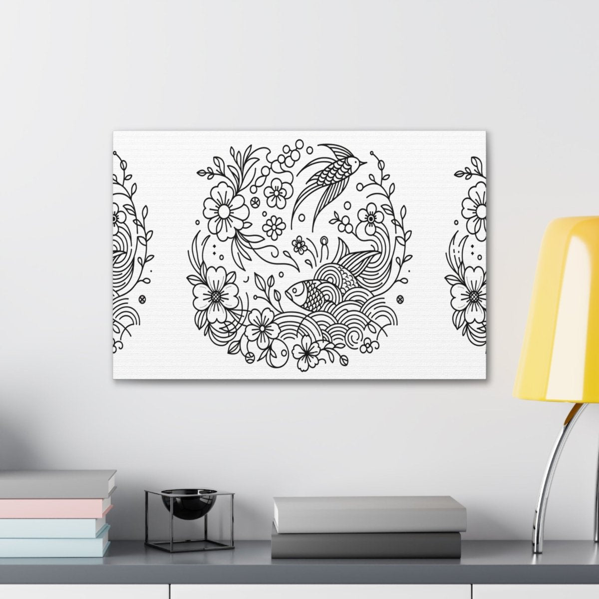 Enchanted Garden Koi and Bird Harmony Line Art Canvas - Chinese Folk Art - Neodigitalis Artimata