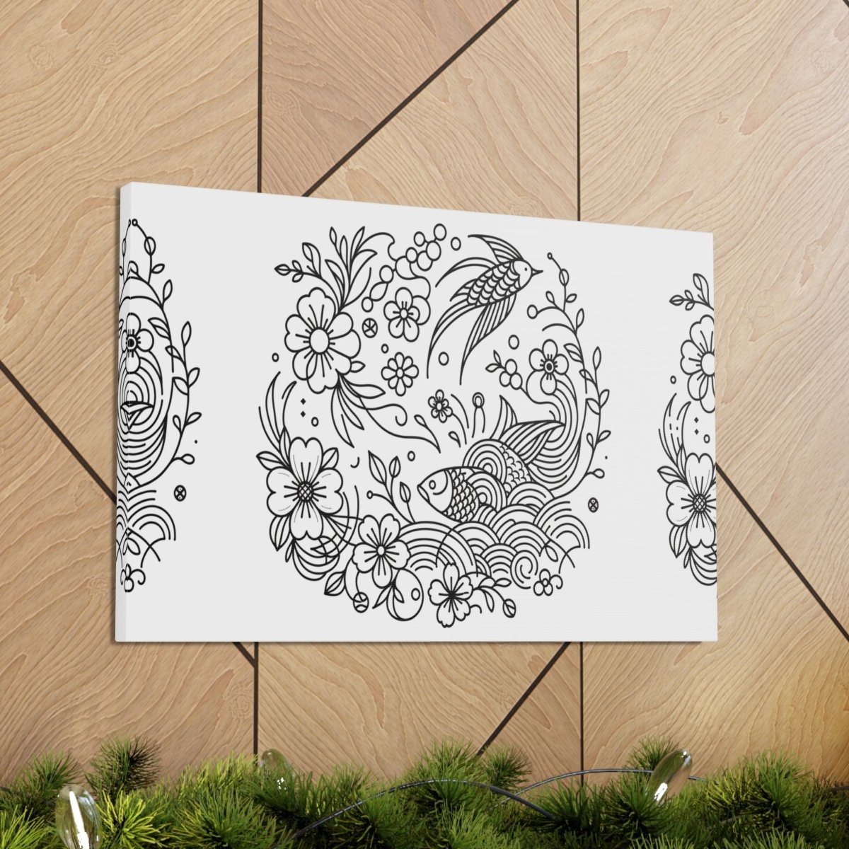 Enchanted Garden Koi and Bird Harmony Line Art Canvas - Chinese Folk Art - Neodigitalis Artimata