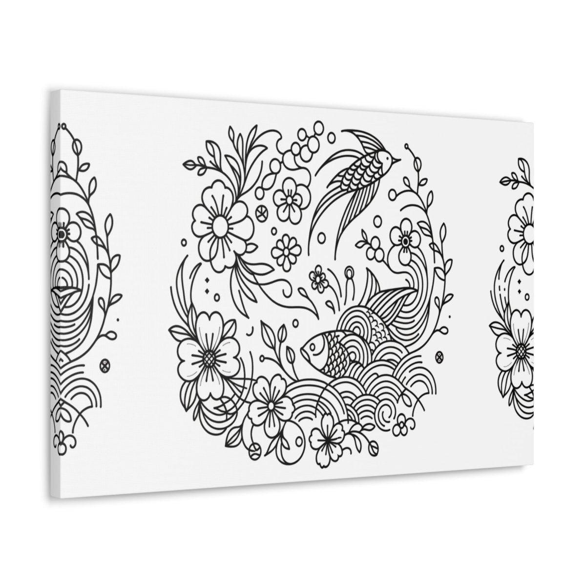 Enchanted Garden Koi and Bird Harmony Line Art Canvas - Chinese Folk Art - Neodigitalis Artimata