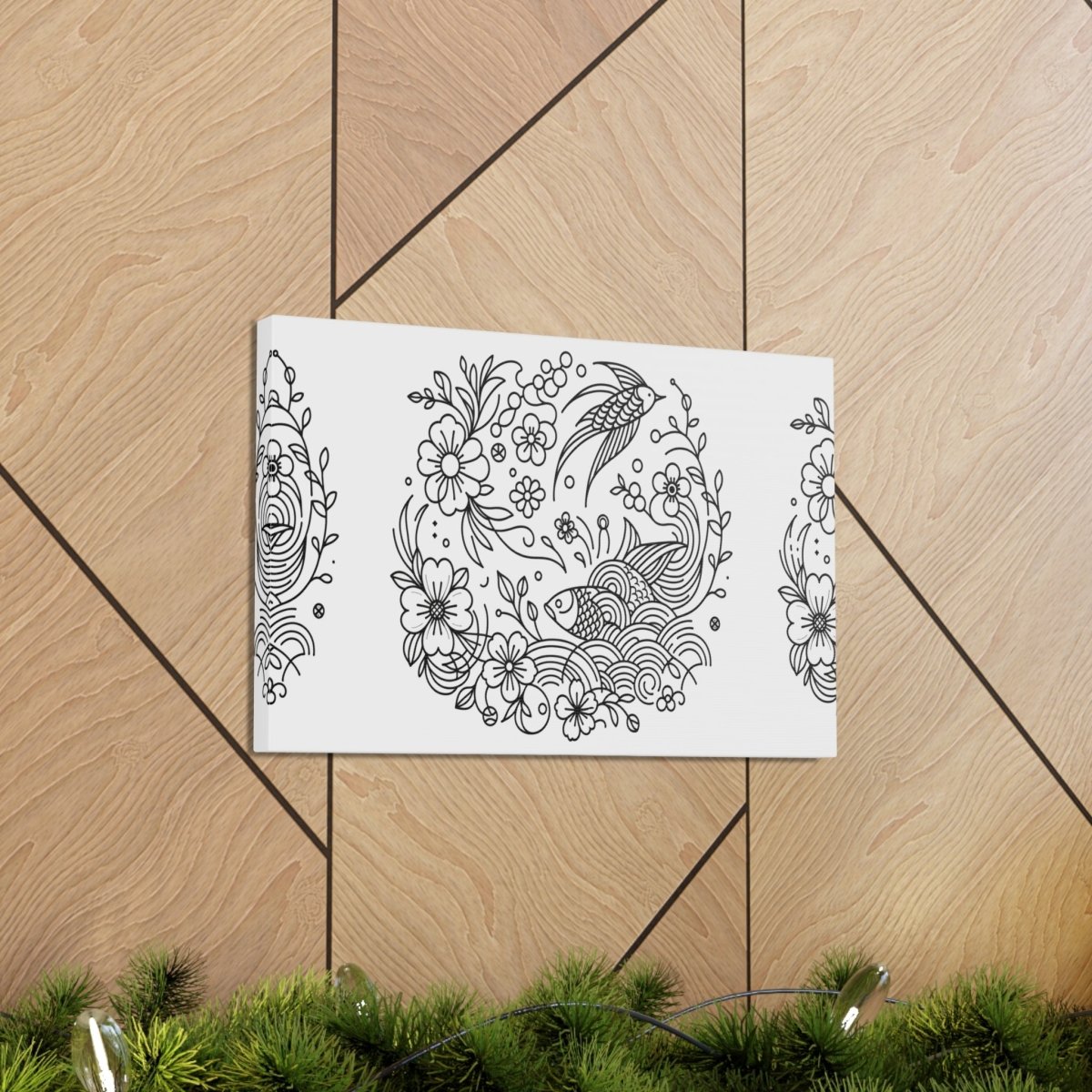 Enchanted Garden Koi and Bird Harmony Line Art Canvas - Chinese Folk Art - Neodigitalis Artimata