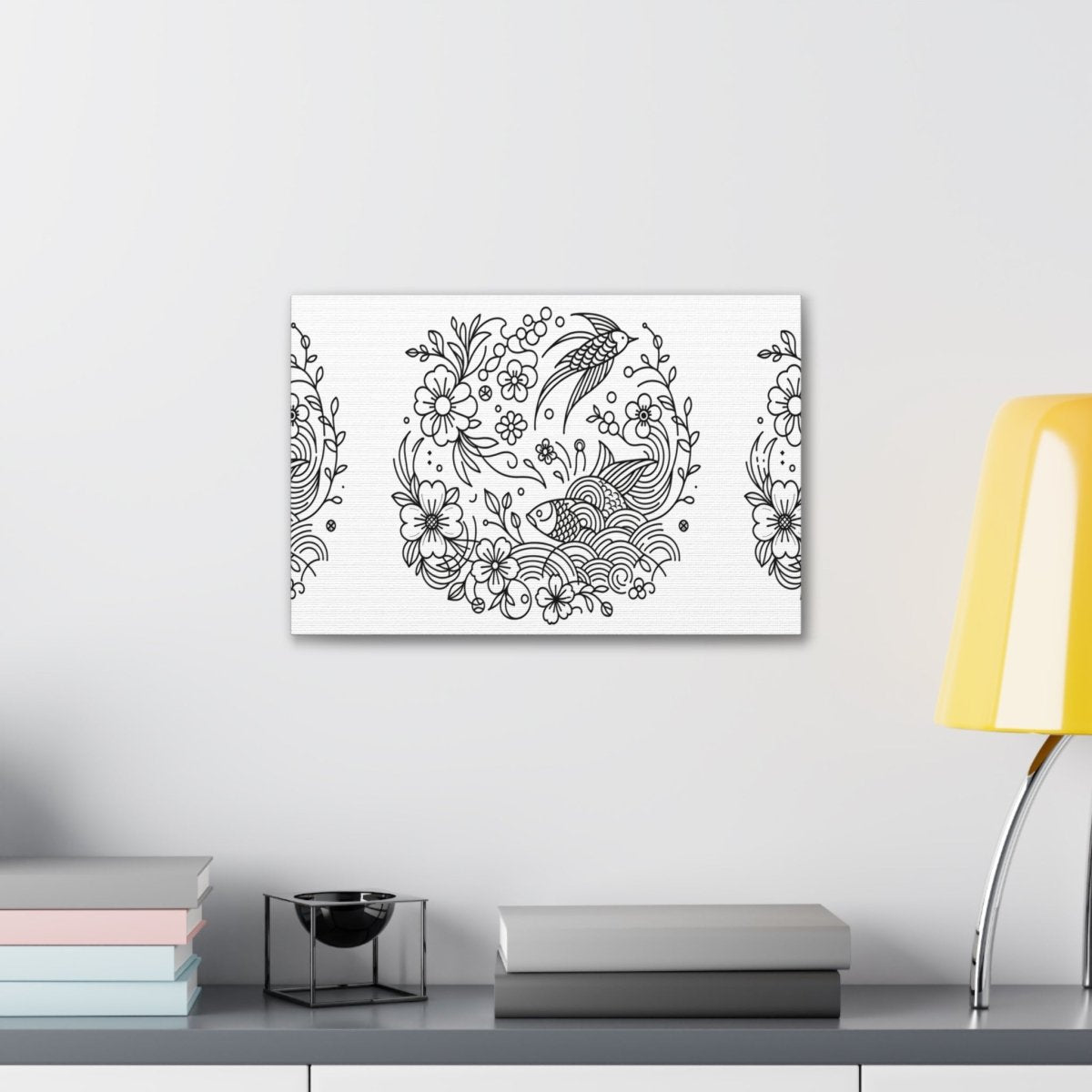 Enchanted Garden Koi and Bird Harmony Line Art Canvas - Chinese Folk Art - Neodigitalis Artimata