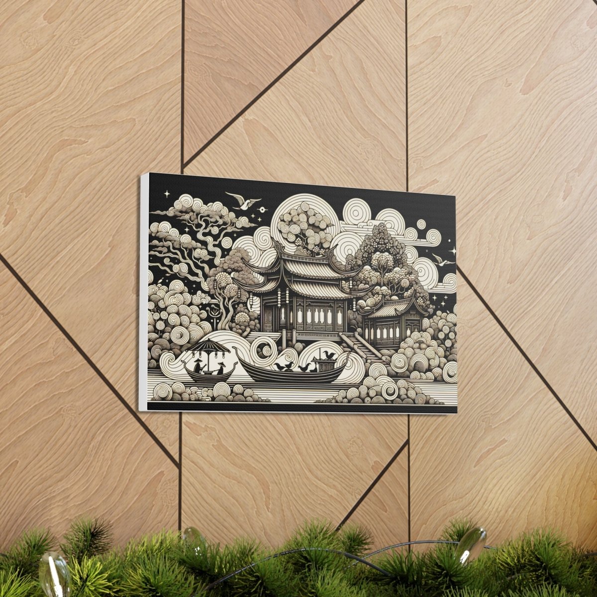 Eternal Harmony Oriental Scroll - Intricate Monochrome Paradise Landscape - Chinese Folk Art - Neodigitalis Artimata