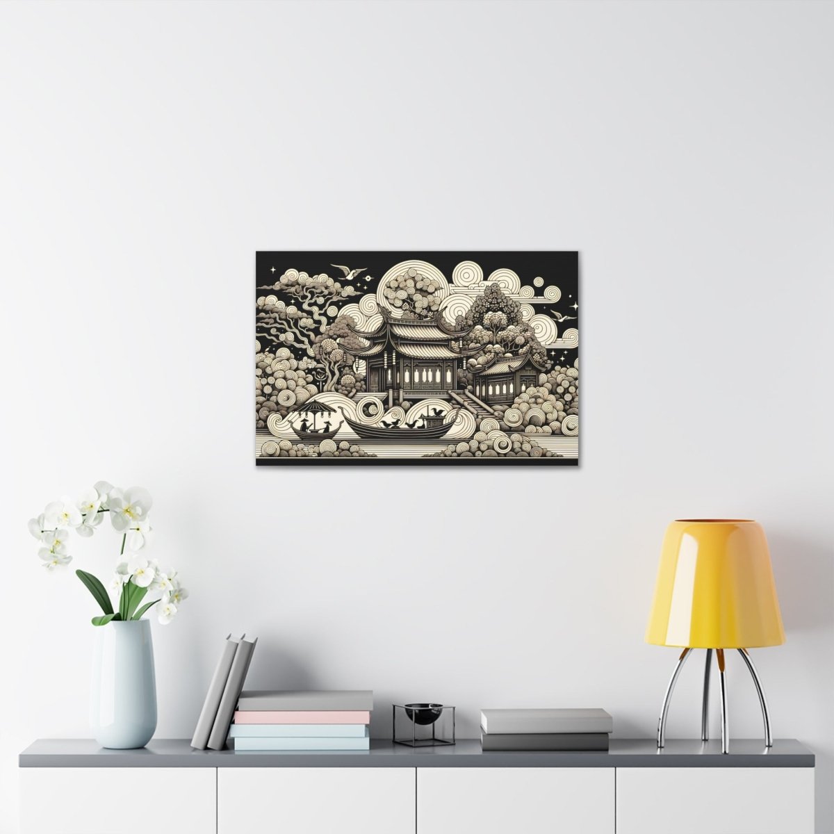 Eternal Harmony Oriental Scroll - Intricate Monochrome Paradise Landscape - Chinese Folk Art - Neodigitalis Artimata