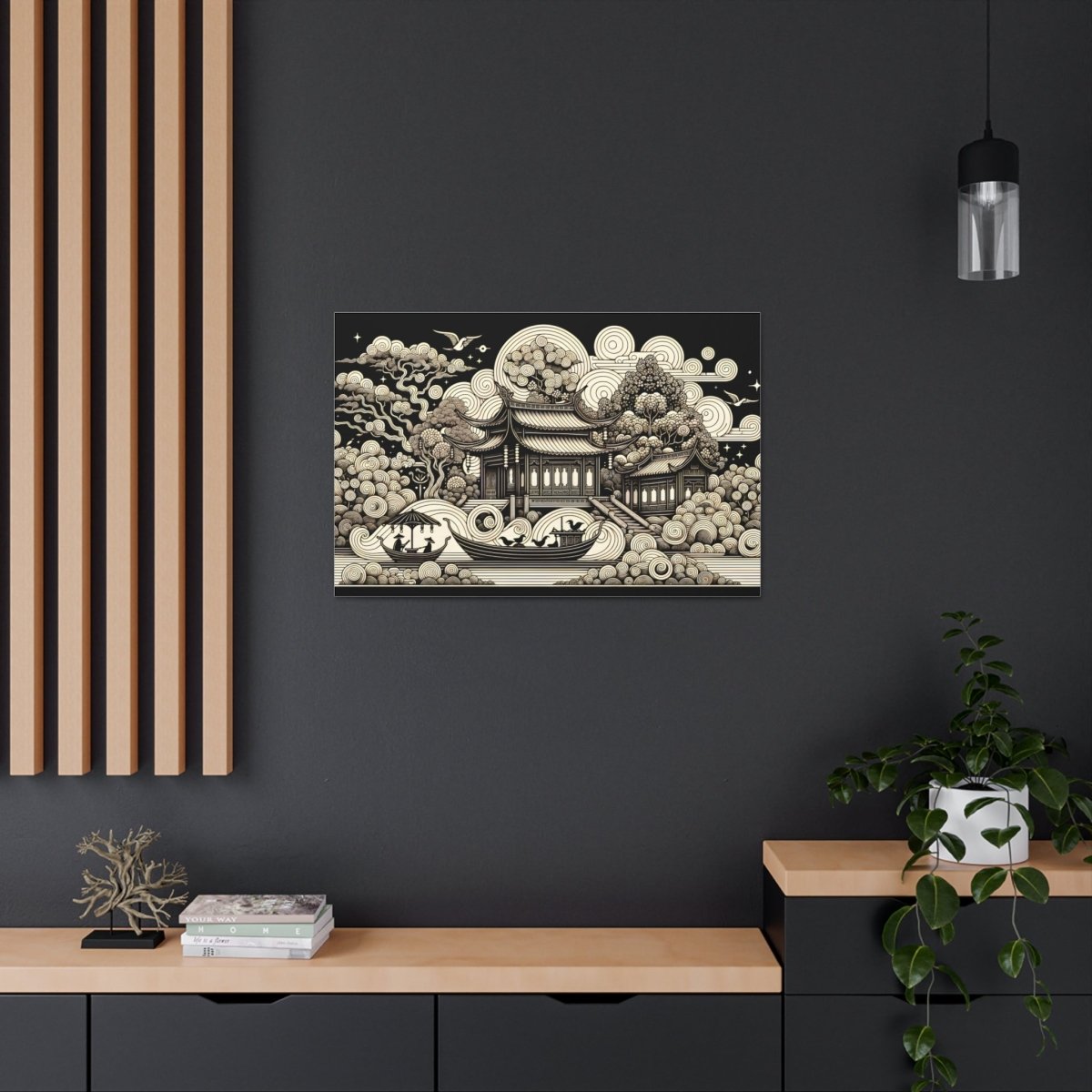 Eternal Harmony Oriental Scroll - Intricate Monochrome Paradise Landscape - Chinese Folk Art - Neodigitalis Artimata