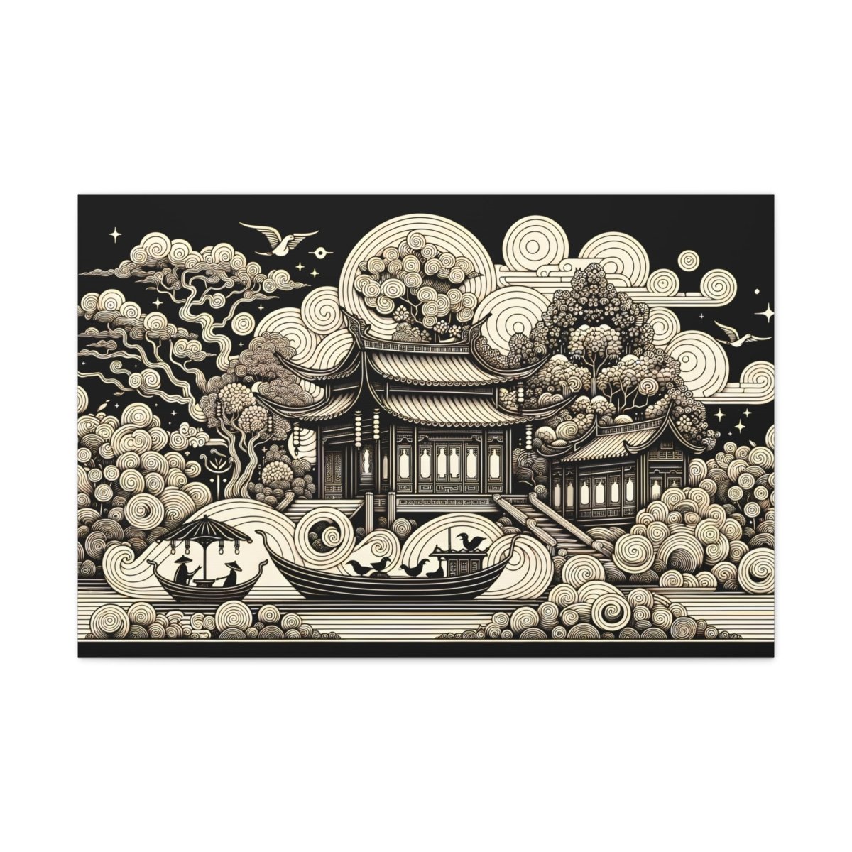 Eternal Harmony Oriental Scroll - Intricate Monochrome Paradise Landscape - Chinese Folk Art - Neodigitalis Artimata