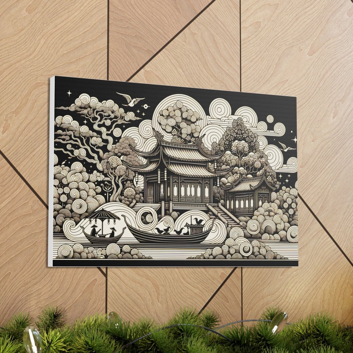 Eternal Harmony Oriental Scroll - Intricate Monochrome Paradise Landscape - Chinese Folk Art - Neodigitalis Artimata