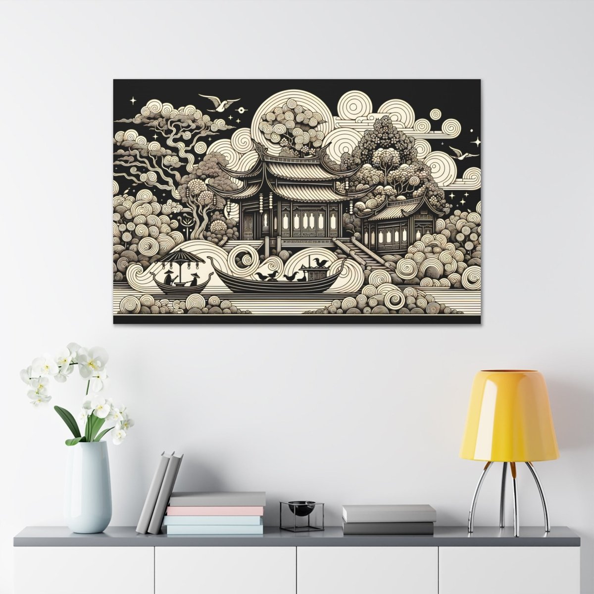 Eternal Harmony Oriental Scroll - Intricate Monochrome Paradise Landscape - Chinese Folk Art - Neodigitalis Artimata