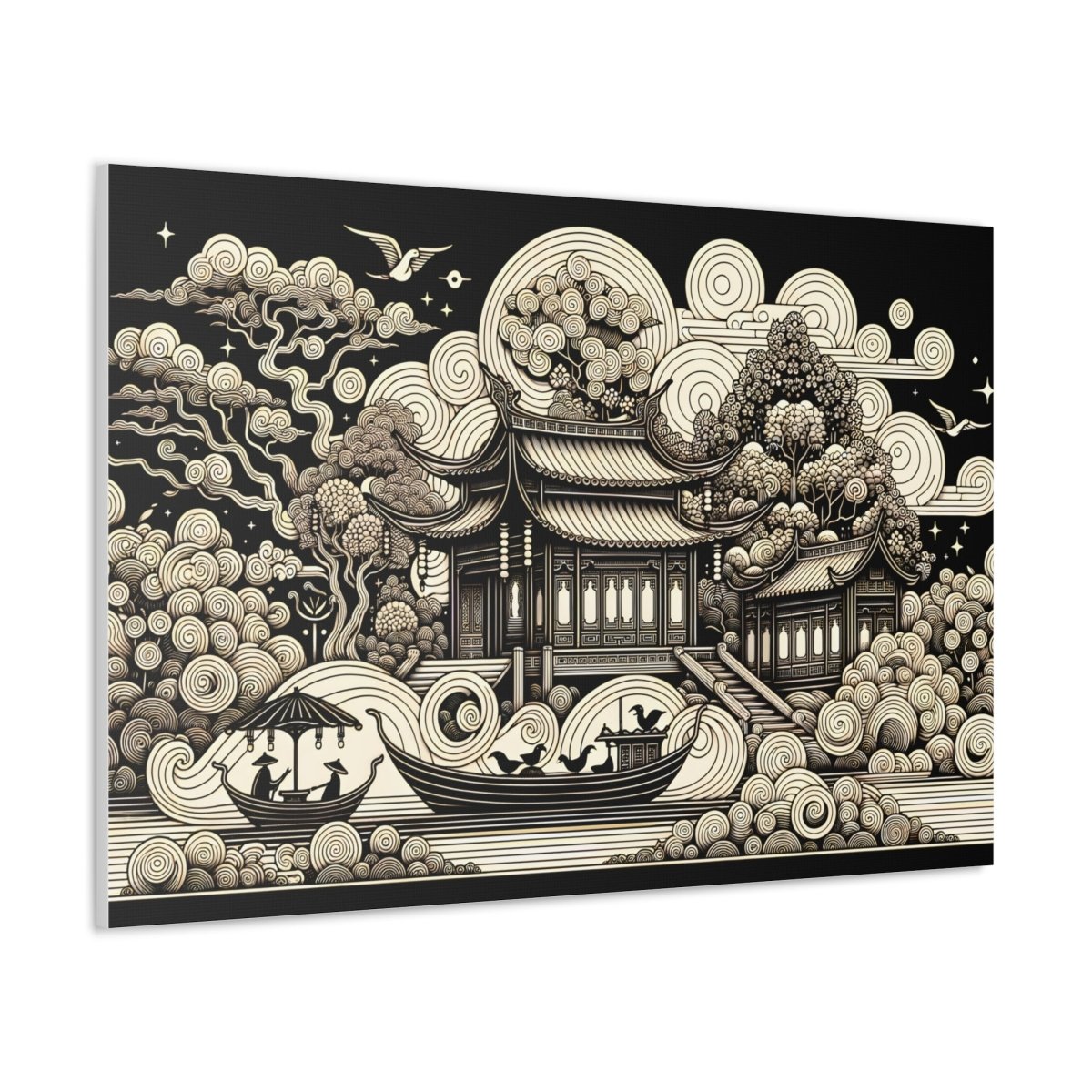 Eternal Harmony Oriental Scroll - Intricate Monochrome Paradise Landscape - Chinese Folk Art - Neodigitalis Artimata