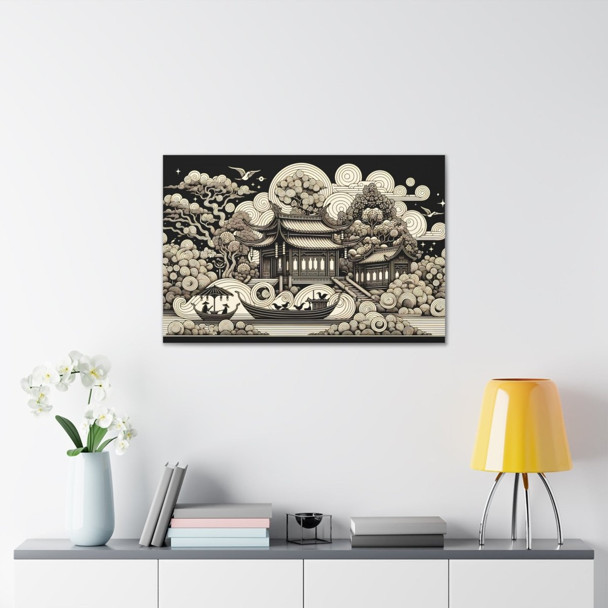 Eternal Harmony Oriental Scroll - Intricate Monochrome Paradise Landscape - Chinese Folk Art - Neodigitalis Artimata