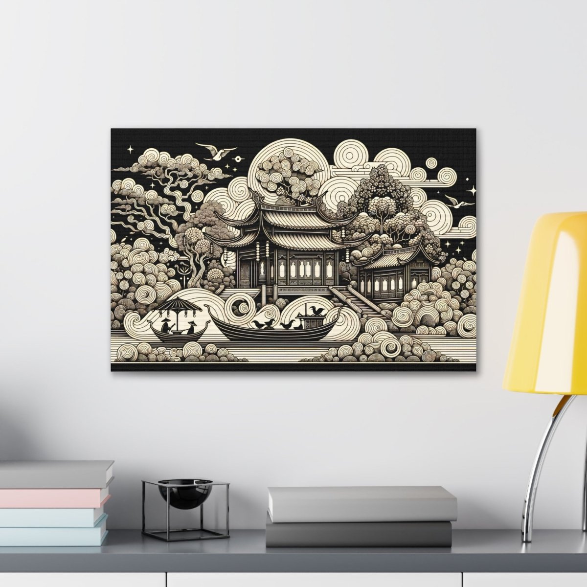 Eternal Harmony Oriental Scroll - Intricate Monochrome Paradise Landscape - Chinese Folk Art - Neodigitalis Artimata