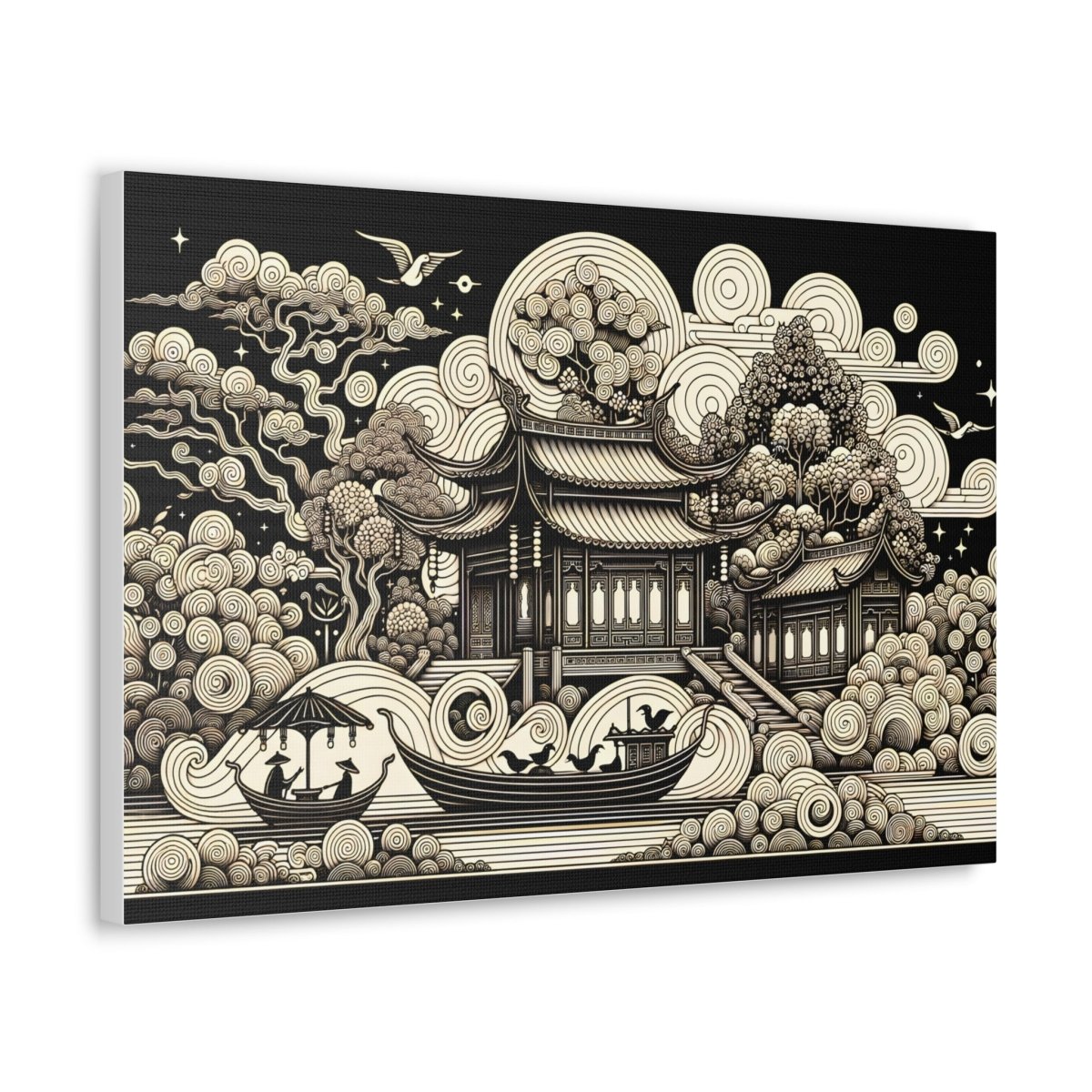 Eternal Harmony Oriental Scroll - Intricate Monochrome Paradise Landscape - Chinese Folk Art - Neodigitalis Artimata