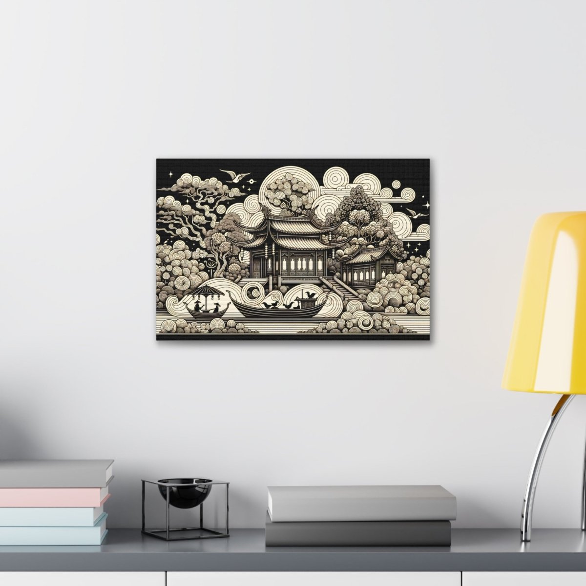 Eternal Harmony Oriental Scroll - Intricate Monochrome Paradise Landscape - Chinese Folk Art - Neodigitalis Artimata