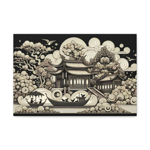 Eternal Harmony Oriental Scroll - Intricate Monochrome Paradise Landscape - Chinese Folk Art