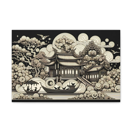 Eternal Harmony Oriental Scroll - Intricate Monochrome Paradise Landscape - Chinese Folk Art - Neodigitalis Artimata