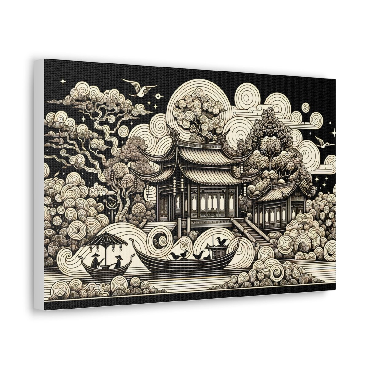 Eternal Harmony Oriental Scroll - Intricate Monochrome Paradise Landscape - Chinese Folk Art - Neodigitalis Artimata