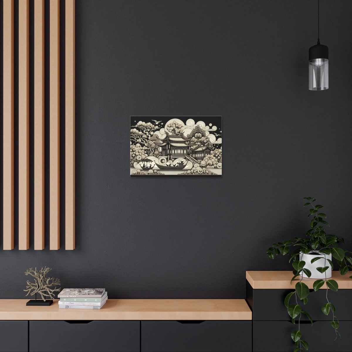 Eternal Harmony Oriental Scroll - Intricate Monochrome Paradise Landscape - Chinese Folk Art - Neodigitalis Artimata